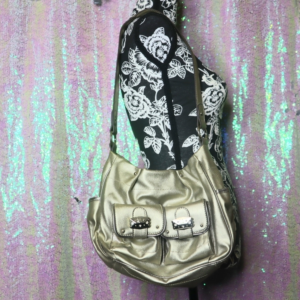 Y2K SATCHEL BAG Kathy New Zealand Light Gold Metallic Handbag 90s Pockets Winter - Picture 3 of 13